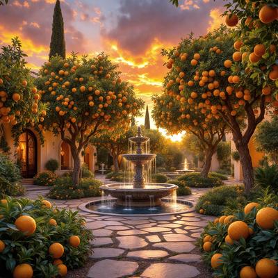 The primary subject of the image is a fountain surrounded by orange trees. The setting is a garden with a stone walkway leading to the fountain. The visual style is a photo, capturing the beauty of the orange trees and the fountain. The colors and mood are warm and inviting, with the vibrant orange hues of the trees and the cool, soothing water of the fountain.